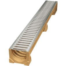 Polymer concrete bodied residential trench drain with a variety of captive grates and accessories.