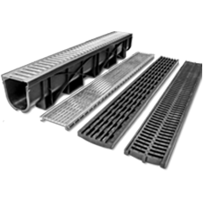 A general purpose plastic trench drain with a variety of grate patterns in different materials.