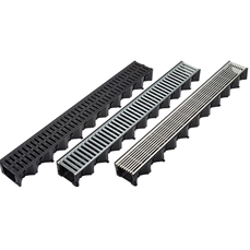 A compact plastic trench drain system with a variety of grates, including a plastic brickslot for use with brick pavers.