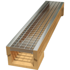 A larger capacity polymer concrete residential trench drain with high water intake, steel grating.